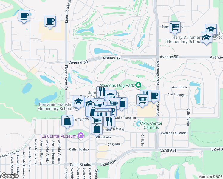 map of restaurants, bars, coffee shops, grocery stores, and more near 78152 Calle Las Ramblas in La Quinta