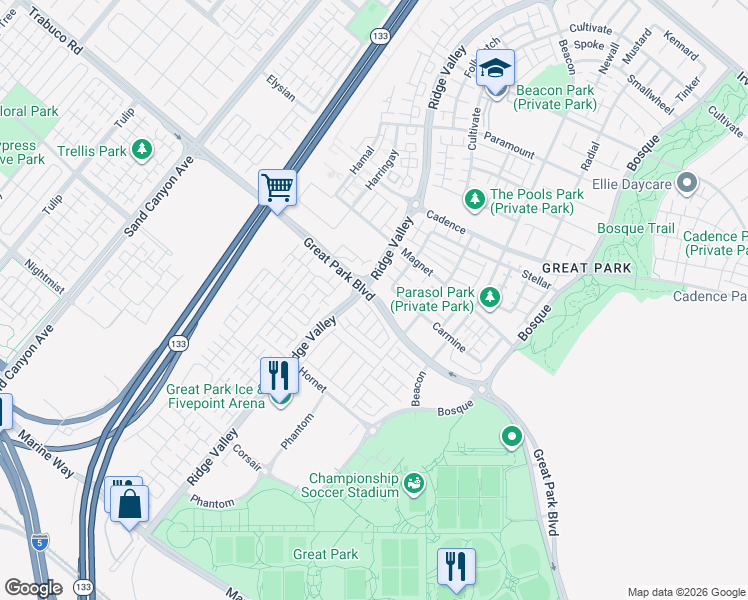 map of restaurants, bars, coffee shops, grocery stores, and more near 161 Great Park Boulevard in Irvine