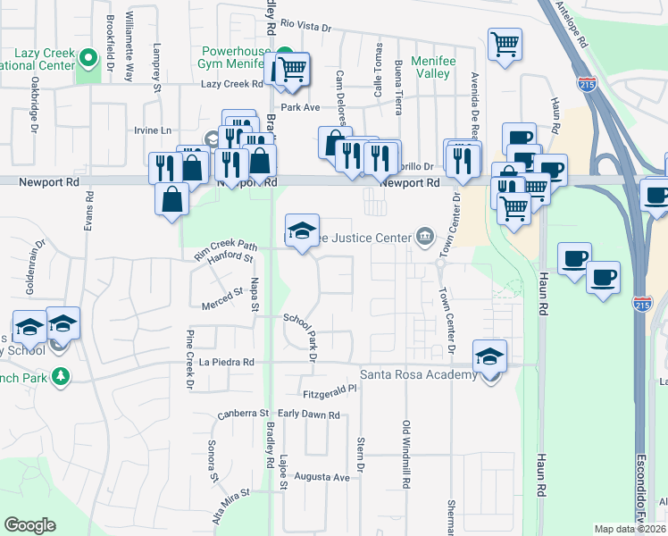 map of restaurants, bars, coffee shops, grocery stores, and more near 30262 Chester Morrison Way in Menifee