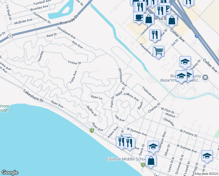 map of restaurants, bars, coffee shops, grocery stores, and more near McBurney Avenue in Lake Elsinore