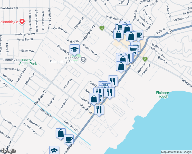 map of restaurants, bars, coffee shops, grocery stores, and more near 16459 Joy Street in Lake Elsinore