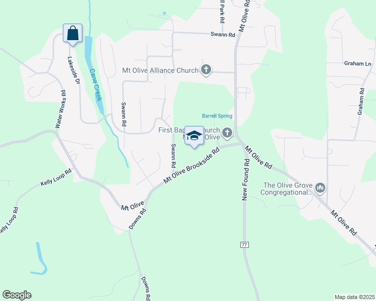 map of restaurants, bars, coffee shops, grocery stores, and more near 1307 Brookside Road in Mount Olive