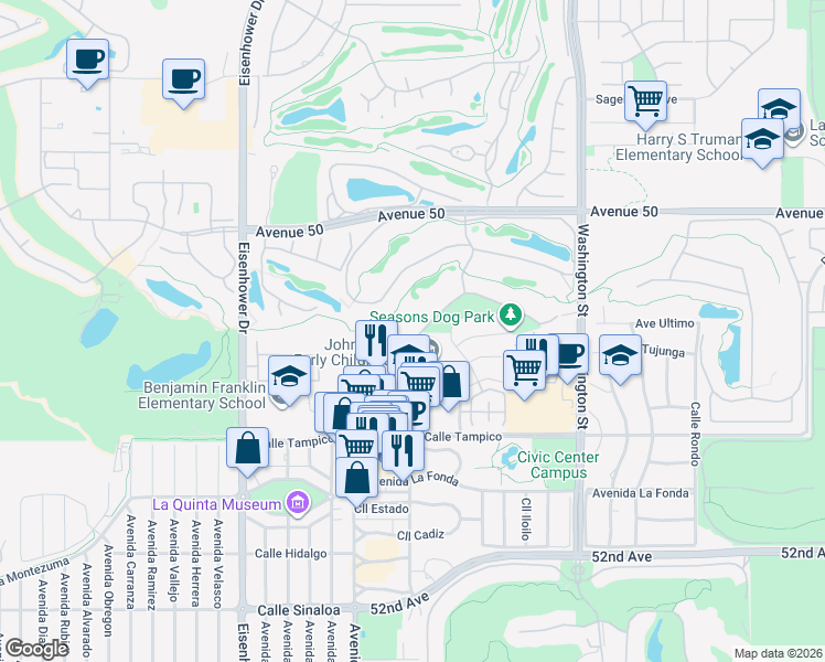 map of restaurants, bars, coffee shops, grocery stores, and more near 78152 Calle Las Ramblas in La Quinta
