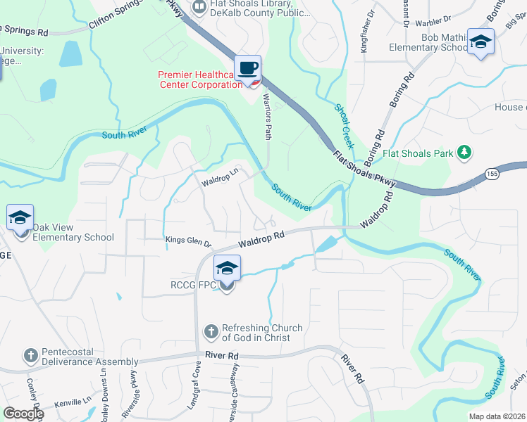 map of restaurants, bars, coffee shops, grocery stores, and more near 3471 Blazing Pine Path in Decatur