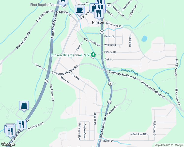 map of restaurants, bars, coffee shops, grocery stores, and more near 6074 Elm Avenue in Pinson