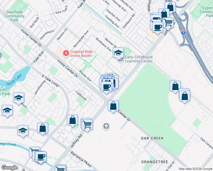 map of restaurants, bars, coffee shops, grocery stores, and more near 15412 Lorraine Way in Irvine