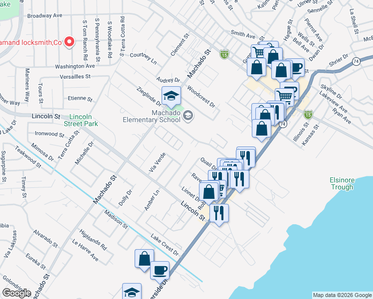 map of restaurants, bars, coffee shops, grocery stores, and more near 31747 Via Valdez Street in Lake Elsinore