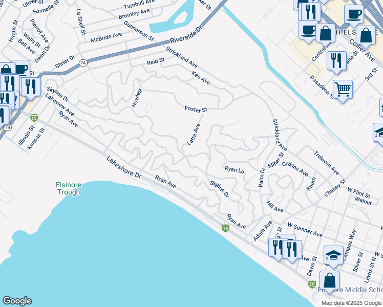 map of restaurants, bars, coffee shops, grocery stores, and more near Sunnyslope Avenue in Lake Elsinore