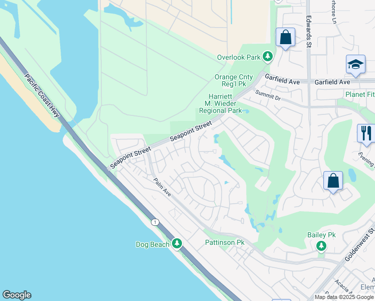 map of restaurants, bars, coffee shops, grocery stores, and more near 19282 Torreypines Circle in Huntington Beach