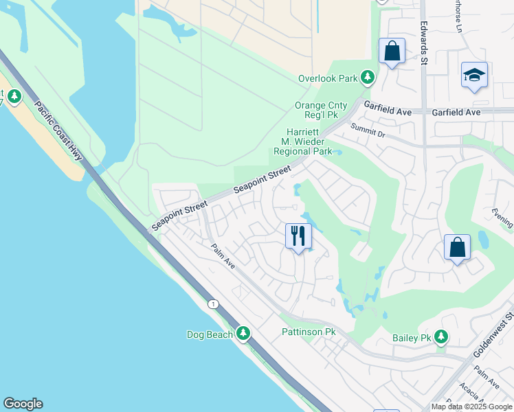 map of restaurants, bars, coffee shops, grocery stores, and more near 19282 Torreypines Circle in Huntington Beach