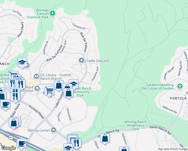 map of restaurants, bars, coffee shops, grocery stores, and more near 45 Parterre Avenue in Lake Forest