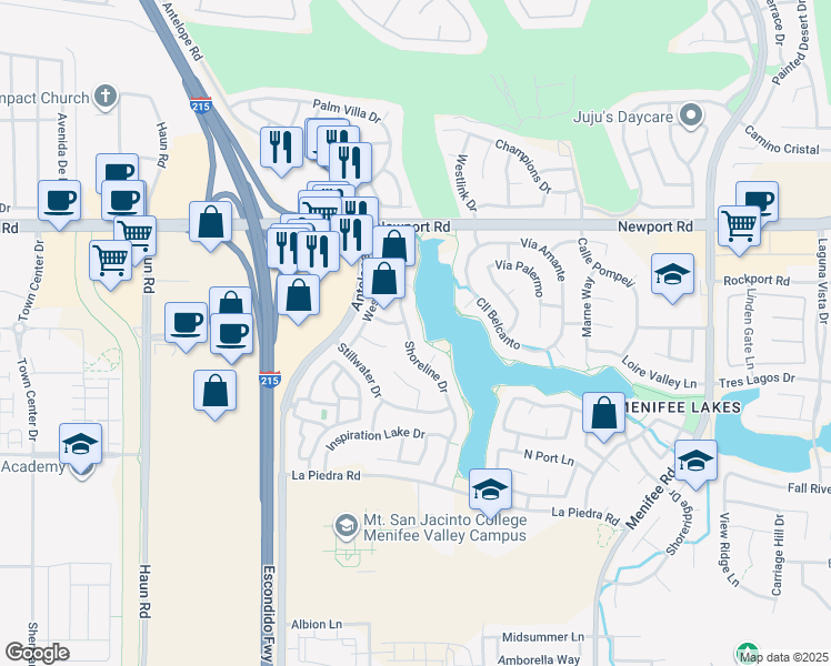 map of restaurants, bars, coffee shops, grocery stores, and more near 30250 Shoreline Drive in Menifee