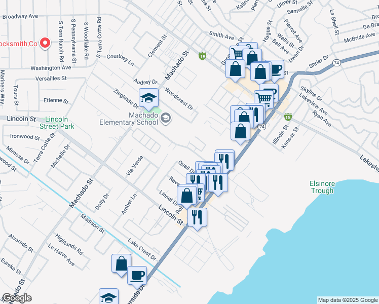 map of restaurants, bars, coffee shops, grocery stores, and more near 16463 Joy Street in Lake Elsinore