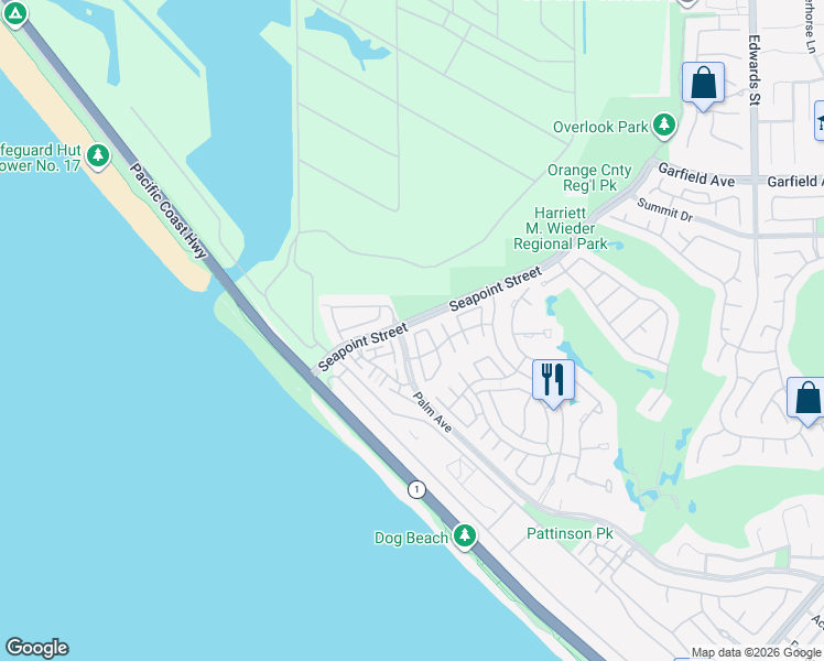 map of restaurants, bars, coffee shops, grocery stores, and more near 19277 Archfield Lane in Huntington Beach