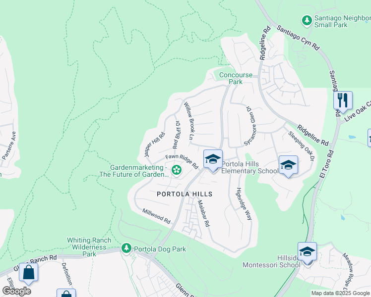 map of restaurants, bars, coffee shops, grocery stores, and more near 19301 Willow Brook Lane in Trabuco Canyon