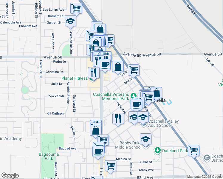 map of restaurants, bars, coffee shops, grocery stores, and more near 1423 2nd Street in Coachella