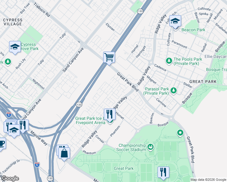 map of restaurants, bars, coffee shops, grocery stores, and more near 164 Tubeflower in Irvine