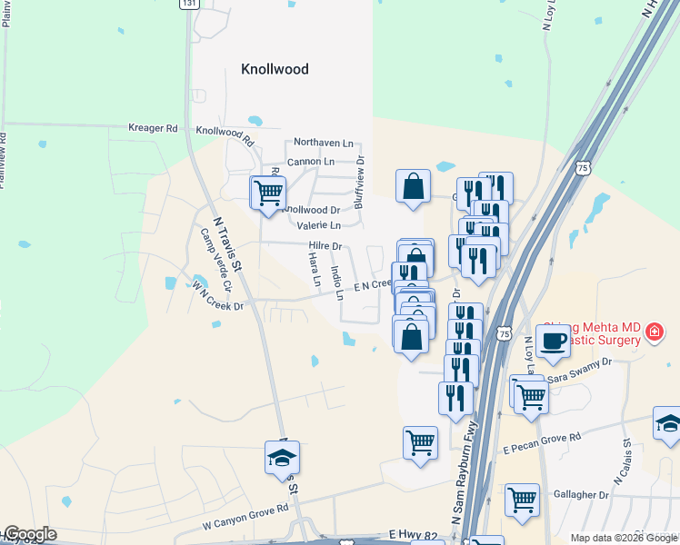 map of restaurants, bars, coffee shops, grocery stores, and more near 4813 Indio Lane in Sherman