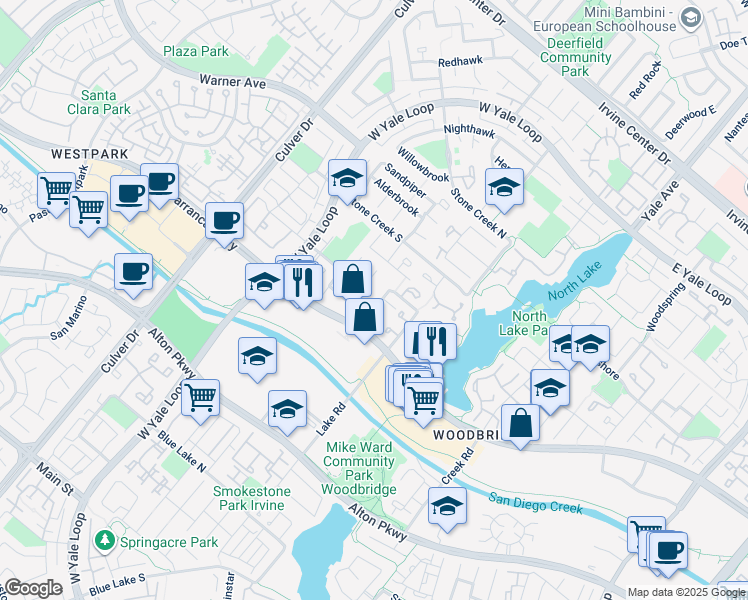 map of restaurants, bars, coffee shops, grocery stores, and more near 18 Spoonbill in Irvine