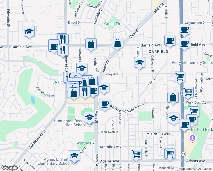 map of restaurants, bars, coffee shops, grocery stores, and more near 2130 Main Street in Huntington Beach