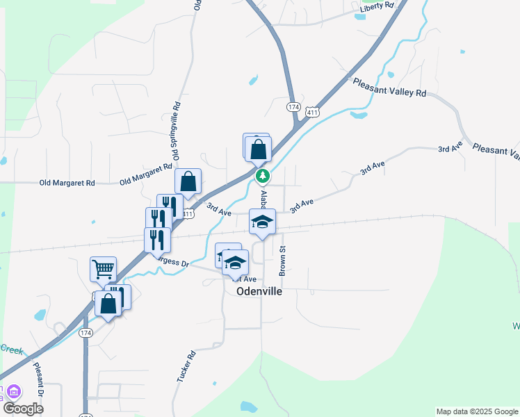 map of restaurants, bars, coffee shops, grocery stores, and more near 126 Alabama Street in Odenville