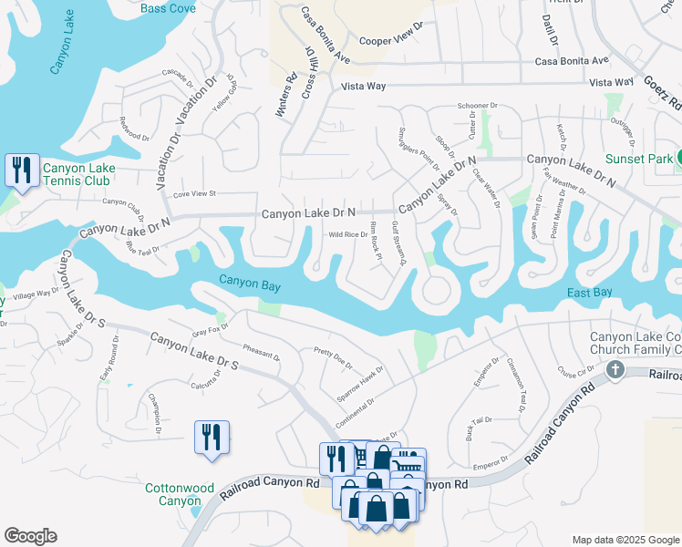 map of restaurants, bars, coffee shops, grocery stores, and more near 30265 Channel Way Drive in Canyon Lake