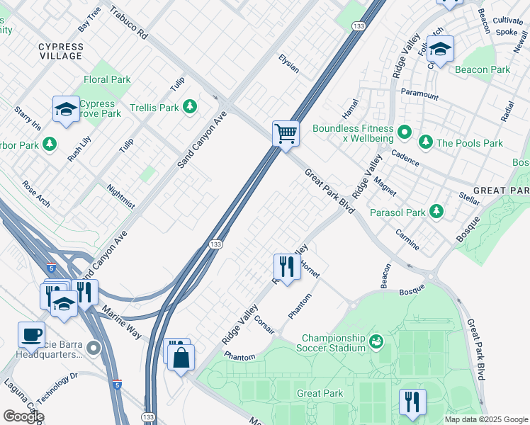 map of restaurants, bars, coffee shops, grocery stores, and more near 125 Annuals in Irvine