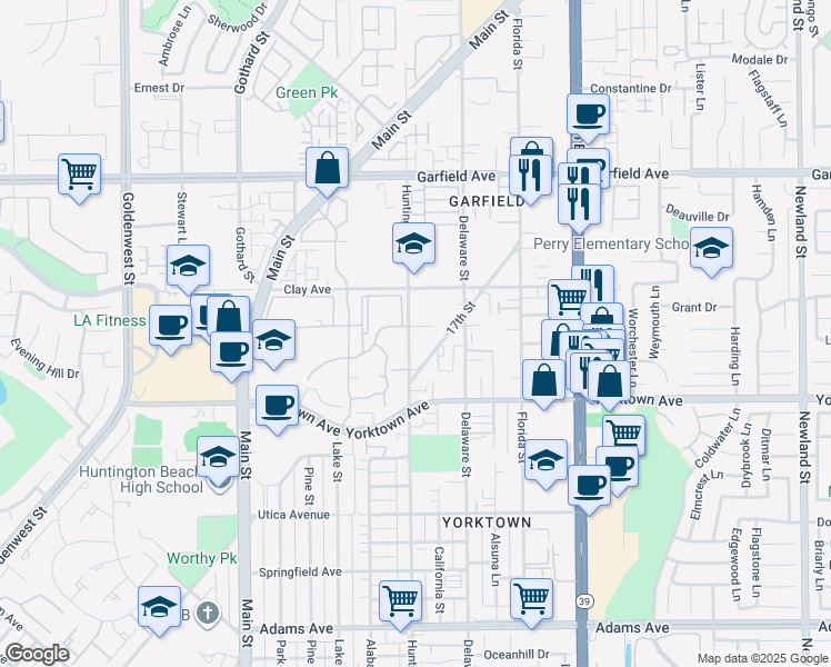 map of restaurants, bars, coffee shops, grocery stores, and more near 302 Cleveland Drive in Huntington Beach