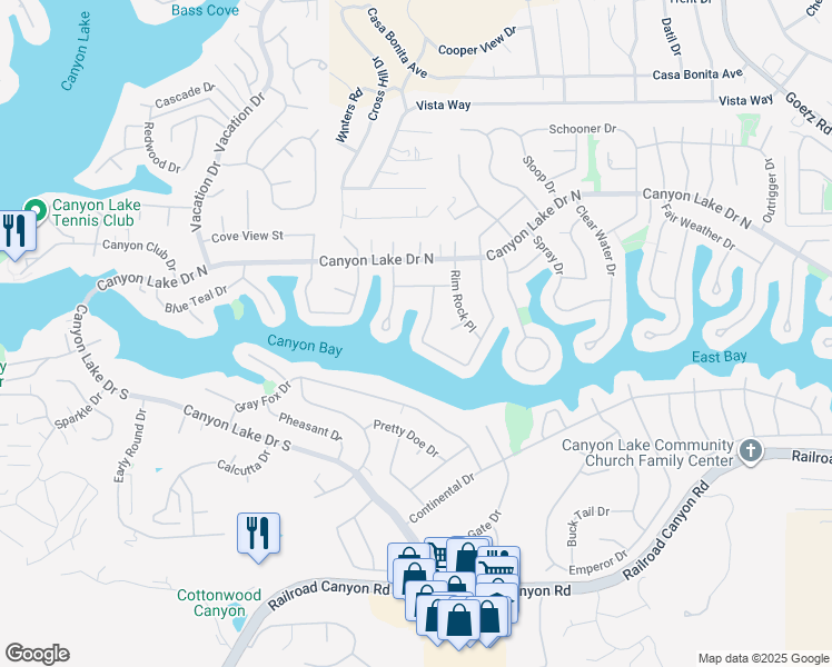 map of restaurants, bars, coffee shops, grocery stores, and more near 30265 Channel Way Drive in Canyon Lake