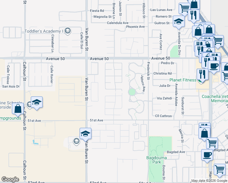 map of restaurants, bars, coffee shops, grocery stores, and more near 84457 Raphael Way in Coachella