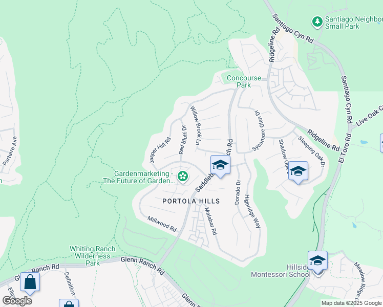 map of restaurants, bars, coffee shops, grocery stores, and more near 19301 Willow Brook Lane in Trabuco Canyon