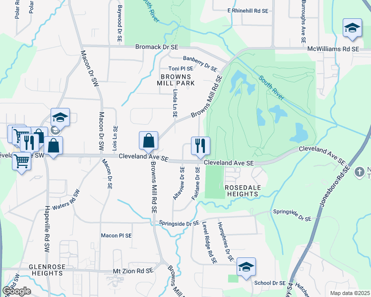map of restaurants, bars, coffee shops, grocery stores, and more near 2701 Fairlane Drive Southeast in Atlanta