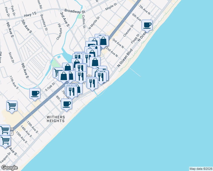 map of restaurants, bars, coffee shops, grocery stores, and more near 207 South Ocean Boulevard in Myrtle Beach