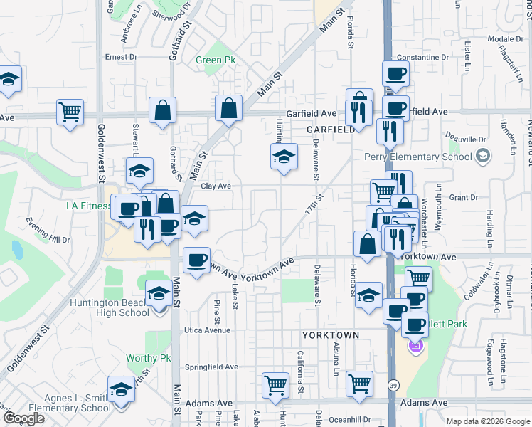 map of restaurants, bars, coffee shops, grocery stores, and more near 19412 Pompano Lane in Huntington Beach