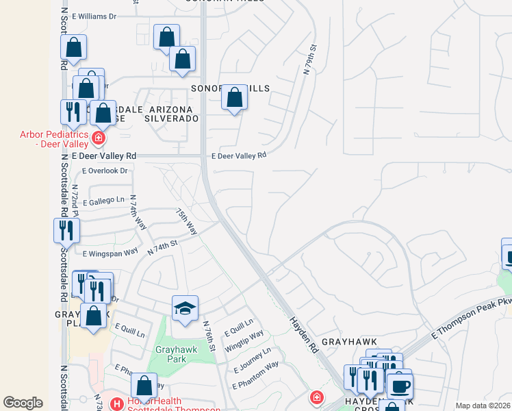 map of restaurants, bars, coffee shops, grocery stores, and more near 21445 North 77th Place in Scottsdale