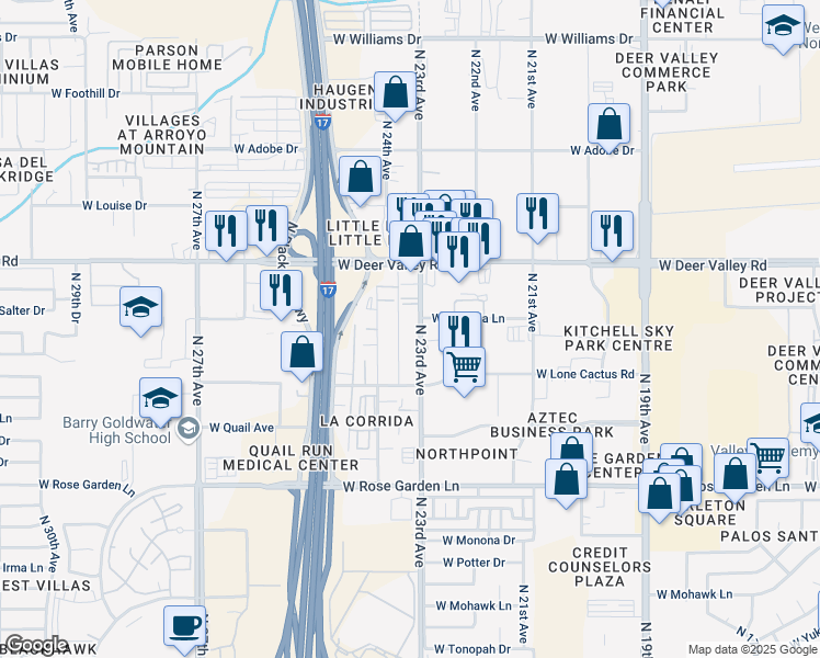 map of restaurants, bars, coffee shops, grocery stores, and more near 21427 North 23rd Avenue in Phoenix