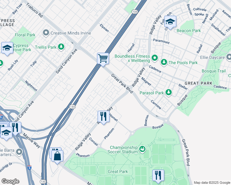 map of restaurants, bars, coffee shops, grocery stores, and more near 112 Tubeflower in Irvine
