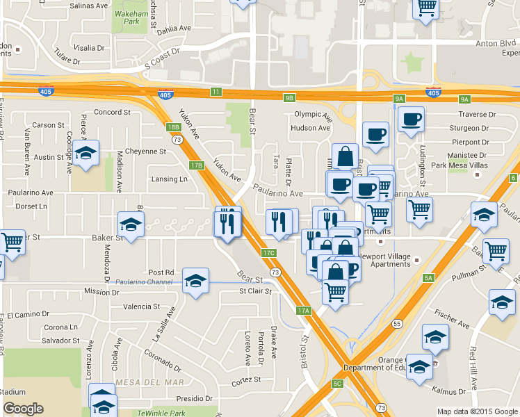 map of restaurants, bars, coffee shops, grocery stores, and more near 3011 Jeffrey Drive in Costa Mesa