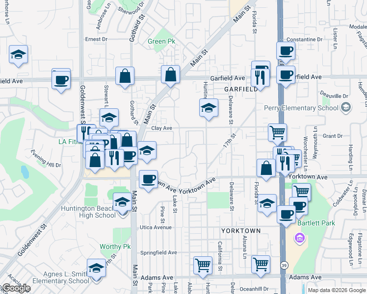 map of restaurants, bars, coffee shops, grocery stores, and more near 7492 Seabluff Drive in Huntington Beach