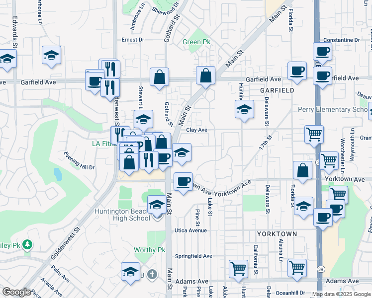 map of restaurants, bars, coffee shops, grocery stores, and more near 2130 Main Street in Huntington Beach