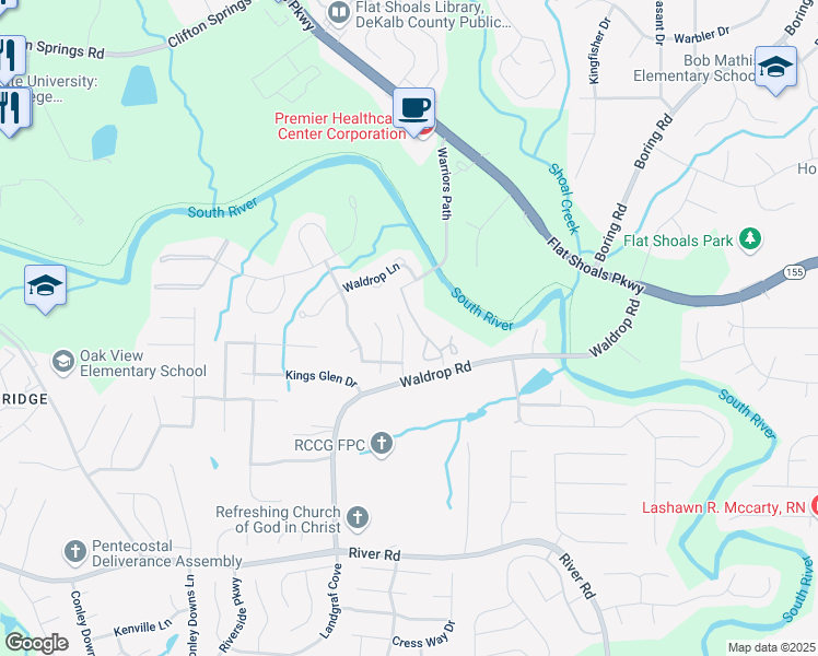map of restaurants, bars, coffee shops, grocery stores, and more near 3474 Kingswood Run in Decatur