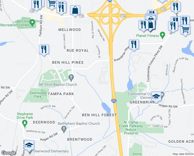 map of restaurants, bars, coffee shops, grocery stores, and more near 3378 Greenbriar Parkway Southwest in Atlanta