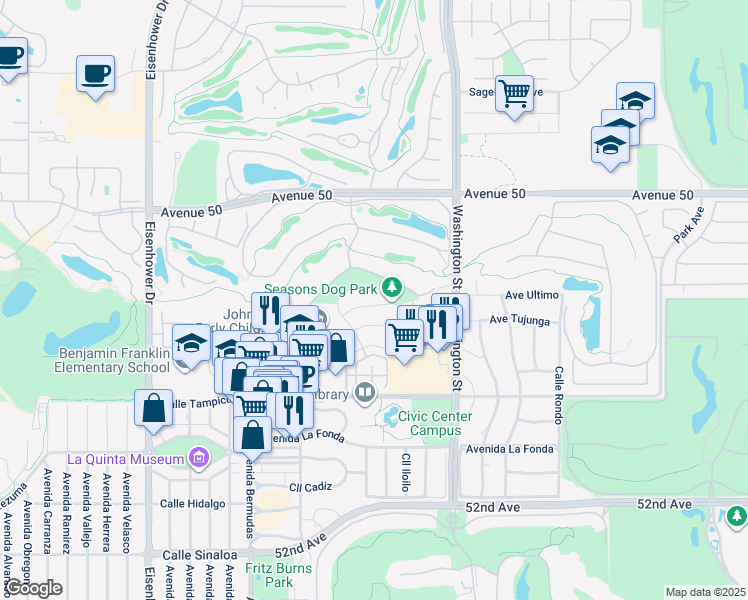 map of restaurants, bars, coffee shops, grocery stores, and more near 78280 Desert Fall Way in La Quinta