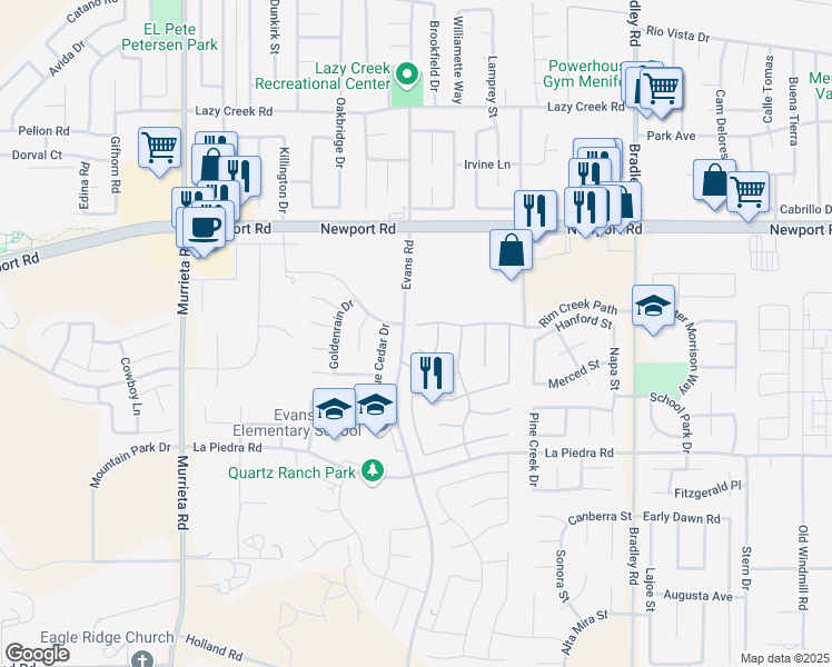 map of restaurants, bars, coffee shops, grocery stores, and more near 26519 Rim Creek Path in Menifee