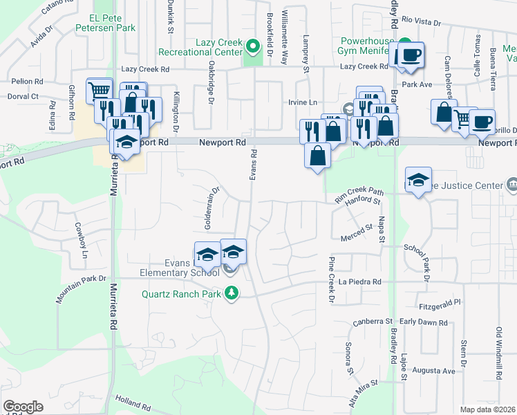 map of restaurants, bars, coffee shops, grocery stores, and more near 26546 Roseate Circle in Menifee