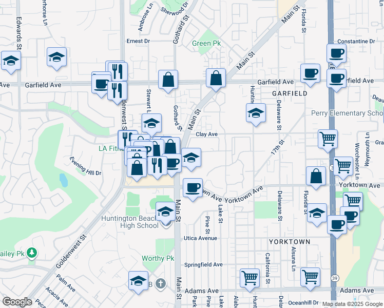 map of restaurants, bars, coffee shops, grocery stores, and more near 7262 Yellowtail Drive in Huntington Beach
