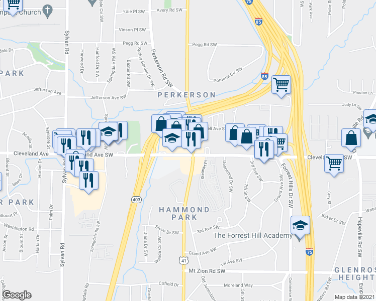 map of restaurants, bars, coffee shops, grocery stores, and more near 2701 Stewart Ave in Atlanta