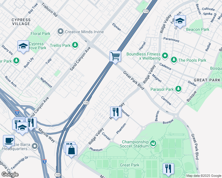 map of restaurants, bars, coffee shops, grocery stores, and more near 150 Annuals in Irvine