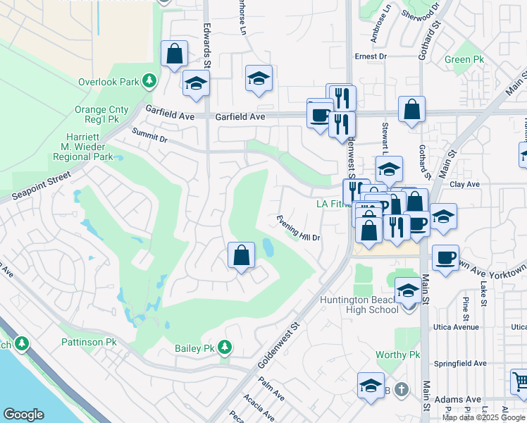 map of restaurants, bars, coffee shops, grocery stores, and more near 6691 Country Circle in Huntington Beach