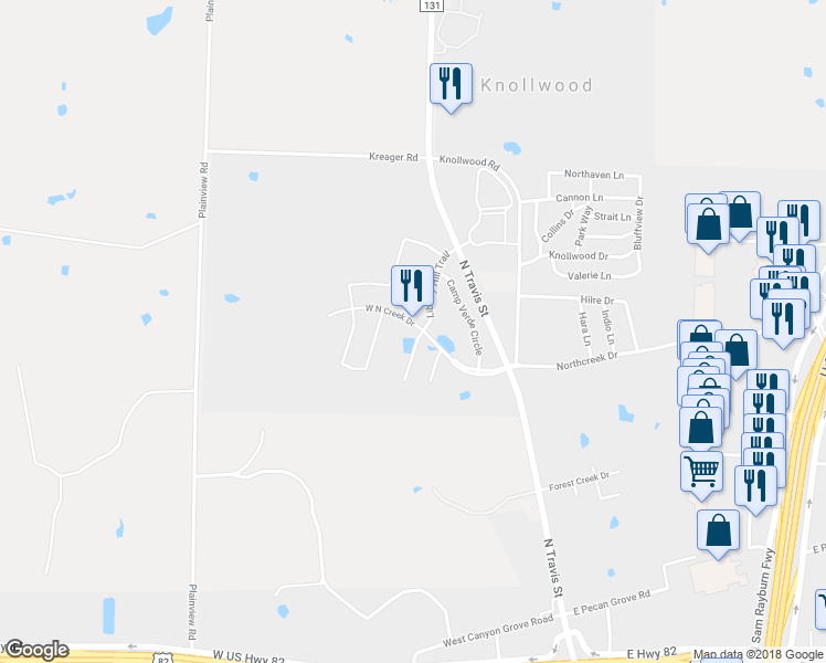 map of restaurants, bars, coffee shops, grocery stores, and more near 4718 Liberty Hill Trail in Sherman